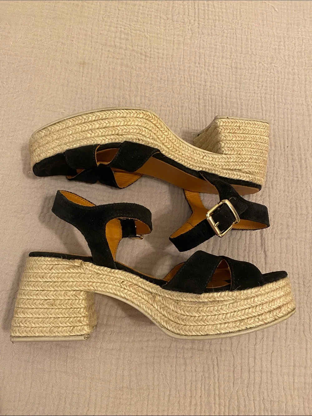 Sezane Black Suede Espadrille Platform Sandals - Women. Size 41